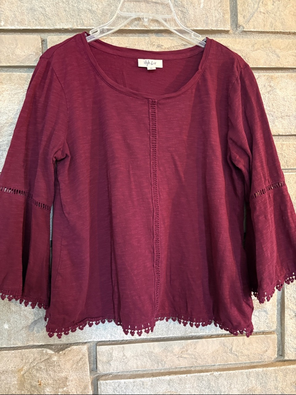 Style & Co. Women's Burgundy Crochet-Trim Scoop Neck Bell Sleeve Top